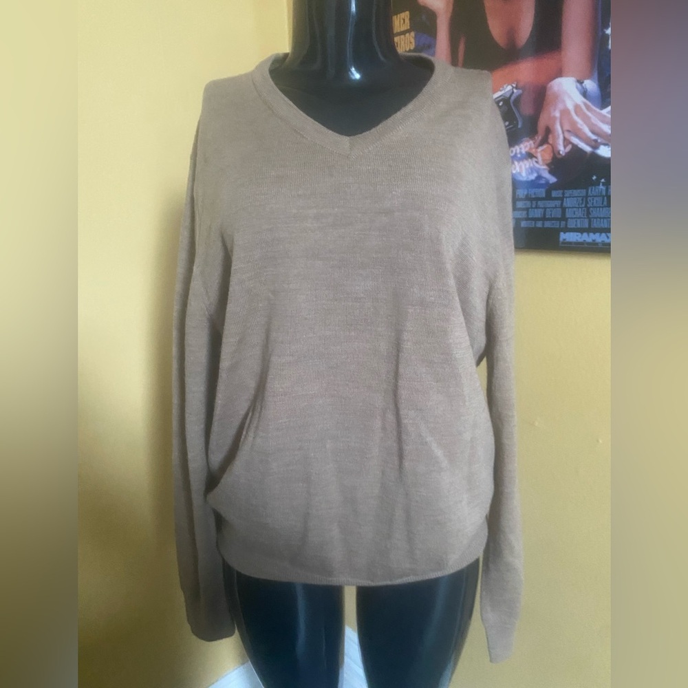 Classic V-Neck Women's Beige Neutral Merino Wool Sweater Large